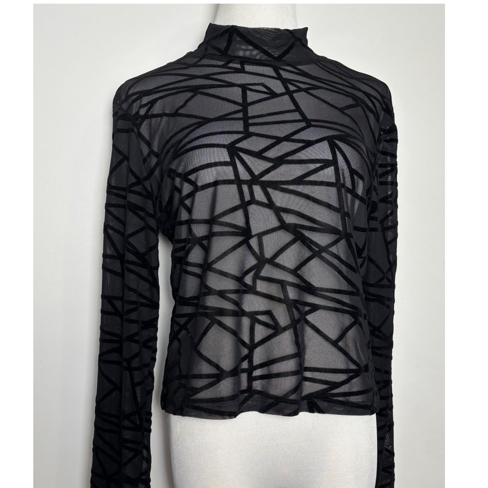 YMI Black Sheer Mesh Top XL Velvet Burnout Abstract Cyber Goth